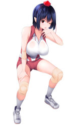 Rule 34 | 1girl, alternate costume, black hair, breasts, commentary request, contemporary, elbow pads, full body, gym shirt, gym shorts, gym uniform, hat, highres, impossible clothes, knee pads, large breasts, leaning forward, looking at viewer, one eye closed, playing sports, pointy ears, pom pom (clothes), red eyes, red shorts, shachi kamaboko, shameimaru aya, shirt, shoes, short hair, short shorts, shorts, simple background, sleeveless, sleeveless shirt, sneakers, solo, sportswear, sweat, thighs, tokin hat, touhou, volleyball, volleyball uniform