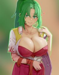 Rule 34 | 1girl, alternate breast size, bag, blood, blood on clothes, blood on face, blush, bra, breasts, bursting breasts, closed mouth, green eyes, green hair, hand up, heart, higurashi no naku koro ni, huge breasts, long hair, looking at viewer, materclaws, parted bangs, ponytail, red bra, red pupils, red skirt, shirt, shoulder bag, skirt, smile, solo, sonozaki mion, underwear, vest, white shirt, yellow vest
