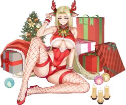 Rule 34 | 1girl, animal ears, armpits, bare shoulders, bell, blonde hair, blue eyes, blush, box, breasts, candle, christmas, christmas lights, christmas ornaments, christmas present, christmas tree, clothing cutout, covered erect nipples, covered navel, crotch cutout, deer ears, fake animal ears, fake antlers, fishnet thighhighs, fishnets, fur-trimmed footwear, fur-trimmed leotard, fur trim, gift, gift bag, gift box, green ribbon, grin, groin, groin tendon, hair intakes, hair ornament, heart, heart cutout, high heels, highleg, highleg leotard, highres, jingle bell, large breasts, last origin, leotard, light green hair, linea alba, long hair, looking at viewer, micro shorts, mistletoe hair ornament, neck ribbon, no bra, official alternate costume, official art, parted lips, pinecone, pink ribbon, red footwear, red leotard, red ribbon, red shorts, red thighhighs, red wrist cuffs, ribbed leotard, ribbon, shorts, sitting, skindentation, smile, snowflake print, solo, star ornament, striped ribbon, taesi, thighhighs, transparent background, underboob, underboob cutout, very long hair, wraithy (last origin), wrist cuffs, yokozuwari