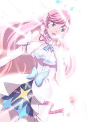 Rule 34 | 1girl, ascot, blue bow, bow, braid, brooch, commentary, cowboy shot, cure prism, dress, dress bow, dutch angle, earrings, elbow gloves, gloves, green eyes, hair bow, half-closed eyes, hand on own chest, hirogaru sky! precure, jewelry, layered dress, long hair, looking at viewer, magical girl, moritakusan, nijigaoka mashiro, open mouth, pink hair, precure, short dress, side braids, simple background, smile, solo, standing, very long hair, white ascot, white background, white bow, white dress, white gloves, wing brooch