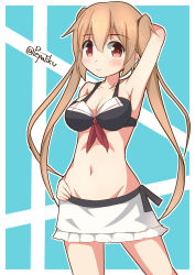 Rule 34 | 10s, 1girl, alternate costume, arm behind head, arm up, armpits, bikini, black bikini, breasts, brown hair, front-tie bikini top, front-tie top, hand on own hip, highres, kantai collection, long hair, looking at viewer, murasame (kancolle), navel, pepatiku, red eyes, solo, swimsuit, twintails, twitter username