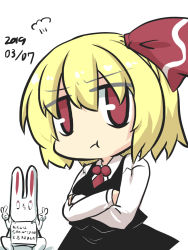 Rule 34 | 1girl, 2019, ahegao, animal ears, artist self-insert, black skirt, black vest, blonde hair, commentary request, crossed arms, dated, double v, goma (gomasamune), hair ribbon, highres, long sleeves, necktie, pout, rabbit, rabbit ears, red eyes, ribbon, rumia, short hair, sign, sign around neck, sitting, skirt, standing, touhou, translation request, v, vest, white background