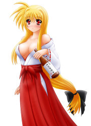 Rule 34 | 00s, 1girl, alcohol, bare shoulders, blonde hair, blush, bottle, breasts, cleavage, drunk, fate testarossa, hakama, hakama skirt, japanese clothes, large breasts, long hair, low-tied long hair, lyrical nanoha, mahou shoujo lyrical nanoha, mahou shoujo lyrical nanoha strikers, miko, red hakama, sake, sake bottle, skirt, solo, very long hair, yamaguchi ugou