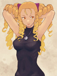 Rule 34 | 1girl, arms behind head, big hair, blonde hair, bow, breasts, commentary request, dress, hair bow, hair focus, hair pulled back, hands in hair, highres, jewelry, kanzuki karin, long hair, looking to the side, medium breasts, necklace, pendant, ribbed sweater, ringlets, signature, sleeveless, solo, street fighter, street fighter zero (series), sweater, sweater dress, yuenibushi