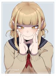 Rule 34 | 1girl, blonde hair, blush, boku no hero academia, female focus, grey background, hair behind ear, hand on own face, highres, long sleeves, looking at viewer, messy hair, necktie, ponytail, school uniform, simple background, smile, solo, toga himiko, tongu 11, yellow eyes