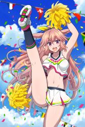 Rule 34 | .live, 1girl, absurdres, animal ears, arm up, armpits, bare shoulders, black socks, breasts, cheering, cheerleader, clothes writing, commentary request, confetti, crop top, earmuffs, high kick, highres, holding, holding pom poms, kicking, kneehighs, large breasts, long hair, looking at viewer, midriff, miniskirt, mokota mememe, navel, open mouth, pink hair, pleated skirt, pom pom (cheerleading), pom poms, purple eyes, sheep ears, shirt, short eyebrows, signature, skirt, sleeveless, sleeveless shirt, socks, solo, sweat, thick eyebrows, thighhighs, virtual youtuber