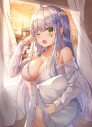 Rule 34 | 1girl, ;o, bare shoulders, breasts, cleavage, collarbone, cross hair ornament, curtains, facial mark, girls&#039; frontline, green eyes, hair ornament, hand up, highres, hk416 (girls&#039; frontline), holding, indoors, large breasts, lkeris, long hair, long sleeves, looking at viewer, naked shirt, navel, no panties, off shoulder, one eye closed, open mouth, partially unbuttoned, pillow, shirt, sidelocks, silver hair, solo, tears, upper body, white shirt, window
