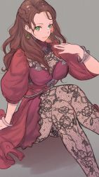 Rule 34 | 1girl, bracelet, breasts, brown hair, closed mouth, commentary request, crossed legs, dorothea arnault, dress, earrings, female focus, fire emblem, fire emblem: three houses, fire emblem warriors, fire emblem warriors: three hopes, forehead, green eyes, grey background, hand up, highres, jewelry, kh (tanakananataka), long hair, medium breasts, nintendo, official alternate costume, official alternate hairstyle, puffy sleeves, red dress, signature, simple background, sitting, smile, solo