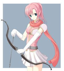 Rule 34 | 1girl, armor, arrow (projectile), artist request, belt, blue eyes, bow (weapon), breastplate, elbow gloves, fire emblem, fire emblem: mystery of the emblem, gloves, holding, looking at viewer, nintendo, norn (fire emblem), pink hair, ponytail, scarf, short hair, shoulder armor, single glove, single pauldron, smile, solo, pauldrons, weapon, white gloves