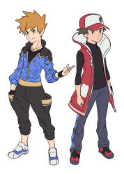 Rule 34 | 2boys, baseball cap, black pants, black shirt, black wristband, blue jacket, blue oak, blue oak (sygna suit), brown eyes, brown hair, closed mouth, coat, commentary request, creatures (company), full body, game freak, hat, highres, jacket, jewelry, korean commentary, male focus, multiple boys, necklace, nintendo, official alternate costume, open clothes, open coat, pants, pokemon, pokemon masters ex, red (pokemon), red (sygna suit) (pokemon), red coat, redlhzz, shirt, shoes, short hair, sleeveless, sleeveless coat, sleeves past elbows, smile, spiked hair, standing, white footwear, wristband, zipper pull tab