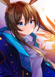 Rule 34 | 1girl, amiya (arknights), animal ears, arknights, ascot, atori, blue eyes, blue jacket, brooch, brown hair, rabbit ears, hair between eyes, highres, jacket, jewelry, long hair, looking at viewer, open clothes, open jacket, parted lips, shirt, sidelocks, solo, upper body, white shirt