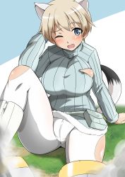 Rule 34 | 1girl, absurdres, animal ears, arm up, blonde hair, blush, brave witches, breasts, commentary, grass, grey eyes, highres, large breasts, looking at viewer, nikka edvardine katajainen, on ground, one eye closed, open mouth, pouch, ribbed sweater, simple background, sitting, smoke, strike witches, striker unit, sweater, tail, torn clothes, torn legwear, tricky 46, wavy mouth, white legwear, world witches series