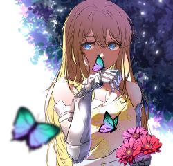 Rule 34 | 1girl, absurdres, backlighting, bad id, bad pixiv id, bare shoulders, blonde hair, blue eyes, blurry, bouquetforangel, bug, butterfly, butterfly on hand, covered mouth, dappled sunlight, day, depth of field, dot nose, expressionless, eyelashes, facing viewer, floral print, flower, glint, green butterfly, hair between eyes, hair down, half-closed eyes, hand to own mouth, hand up, highres, holding, holding flower, insect, leaf, light particles, long hair, looking to the side, mechanical arms, outdoors, purple butterfly, purple flower, red flower, solo, sunlight, tareme, upper body, very long hair, violet evergarden, violet evergarden (series)