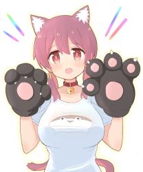 Rule 34 | 1girl, :d, animal ear fluff, animal ears, animal hands, bell, belt collar, breasts, brown eyes, brown hair, cat ears, cat girl, cat tail, collar, collarbone, commentary, es04b, fang, gloves, hair between eyes, hands up, highres, jingle bell, kemonomimi mode, large breasts, light blush, looking at viewer, low twintails, medium hair, multicolored hair, murosaki miyo, neck bell, onii-chan wa oshimai!, open mouth, outline, paw gloves, paw pose, red collar, red hair, sacabambaspis, shirt, short sleeves, simple background, smile, solo, t-shirt, tail, twintails, two-tone hair, upper body, white background, yellow outline