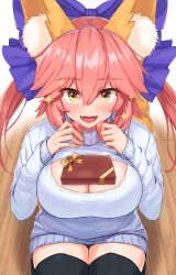 Rule 34 | 1girl, absurdres, animal ear fluff, animal ears, black thighhighs, blue bow, blush, bow, box, breasts, cleavage, cleavage cutout, clothing cutout, fangs, fate/extra, fate (series), fox ears, fox girl, fox tail, gift, gift box, hair between eyes, hair bow, highres, large breasts, long hair, long sleeves, looking at viewer, maru (maru1625), meme attire, object on breast, open-chest sweater, open mouth, pink hair, sidelocks, sitting, smile, solo, sparkle, sweater, tail, tamamo (fate), tamamo no mae (fate/extra), thighhighs, thighs, twintails, valentine, white sweater, yellow eyes