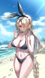Rule 34 | 1girl, absurdres, azur lane, beach, beach chair, bikini, bikini pull, black bikini, black hairband, blue sky, braid, breasts, clothes pull, cloud, collarbone, commentary, cowboy shot, day, eyes visible through hair, grey hair, grin, hair between eyes, hair over one eye, hair ribbon, hairband, hands up, highres, kic ko, large breasts, light rays, long hair, looking at viewer, low-braided long hair, low-tied long hair, mole, mole on breast, navel, ocean, one eye closed, outdoors, parted bangs, prinz heinrich (azur lane), pulled by self, red eyes, ribbon, shadow, sidelocks, sky, smile, solo, standing, stomach, sunbeam, sunlight, swimsuit, toned, very long hair