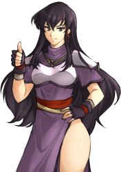 Rule 34 | 1girl, absurdres, armor, ayra (fire emblem), black gloves, black hair, breastplate, breasts, commentary, dress, earrings, english commentary, fingerless gloves, fire emblem, fire emblem: genealogy of the holy war, gloves, highres, jewelry, long hair, looking at viewer, medium breasts, nintendo, purple eyes, short sleeves, shoulder armor, side slit, simple background, smile, solo, thumbs up, tridisart, very long hair, weapon, white background