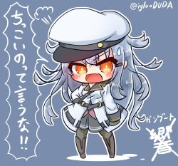 Rule 34 | asimo953, belt, black pantyhose, blue background, blush, boots, character name, chibi, gangut (kancolle), grey hair, hair ornament, hairclip, hat, highres, jacket, kantai collection, long hair, military, military jacket, military uniform, miniskirt, naval uniform, one-hour drawing challenge, open mouth, outline, pantyhose, peaked cap, red shirt, shirt, simple background, skirt, solo, translation request, uniform, white outline