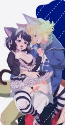 Rule 34 | 10s, 1boy, 1girl, absurdres, alternate breast size, animal ears, bad id, bad pixiv id, black hair, black panties, blonde hair, blue eyes, bra, breasts, cat ears, cat tail, clothes lift, cyan (show by rock!!), dress, dress lift, drill hair, fangs, fingering, green eyes, hetero, highres, large breasts, loveravu808, maid headdress, mary janes, multicolored hair, on lap, open clothes, open dress, panties, pussy juice, saliva, shoes, show by rock!!, shu zo (show by rock!!), sitting, spread legs, streaked hair, striped clothes, striped legwear, striped thighhighs, tail, thighhighs, torogao, underwear