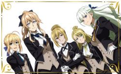 Rule 34 | 5girls, :d, ahoge, artoria pendragon (all), artoria pendragon (fate), black bow, black jacket, black ribbon, blonde hair, blue bow, blue necktie, bow, braid, braided bun, brown eyes, brown vest, bungou stray dogs, character request, closed mouth, crossed arms, dutch angle, fate/stay night, fate (series), formal, framed, genshin impact, gloves, green eyes, green hair, grey eyes, hair between eyes, hair bow, hair bun, hand in own hair, hand on own hip, high ponytail, highres, higuchi ichiyou (bungou stray dogs), jacket, jean (genshin impact), light brown hair, long hair, long sleeves, looking at viewer, miyabi mt-b, multiple girls, neck ribbon, necktie, open clothes, open jacket, open mouth, orange necktie, ribbon, saber (fate), saint-germain (symphogear), senki zesshou symphogear, smile, vest, white background, white gloves, yellow necktie
