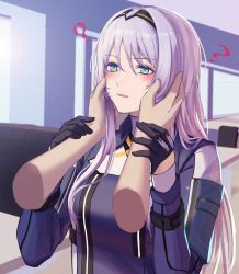 Rule 34 | 1girl, 3 small spiders, ?, absurdres, an-94 (girls&#039; frontline), aqua eyes, black gloves, black hairband, blush, breasts, commentary, girls&#039; frontline, gloves, hairband, hands on own face, highres, long hair, looking at viewer, open mouth, platinum blonde hair, silver hair, simple background, solo, sweatdrop, tactical clothes, upper body