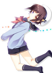 Rule 34 | 1boy, agekichi (heart shape), bad id, bad pixiv id, beret, black legwear, black shorts, blue eyes, bow, bowtie, brown hair, closed mouth, collar, commentary request, eyelashes, frilled collar, frilled shirt collar, frills, from behind, hand on own face, hat, kneeling, kneepits, light smile, long sleeves, looking at viewer, looking back, male focus, orange eyes, original, red bow, red bowtie, sailor collar, short hair, shorts, sleeves past wrists, solo, star (symbol), sweater, tareme, thighs, white hat