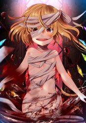 Rule 34 | 1girl, :d, absurdres, bandages, blonde hair, blood, blush, breasts, cowboy shot, crystal, covered erect nipples, fangs, flandre scarlet, highres, long hair, looking at viewer, miri (miri0xl), naked bandage, open mouth, red eyes, side ponytail, small breasts, smile, solo, touhou, vampire, wings