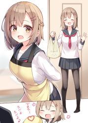 Rule 34 | 1girl, :d, ^ ^, apron, bag, black pantyhose, black sailor collar, black skirt, blush, braid, breasts, brown eyes, brown hair, closed eyes, collarbone, commentary request, door, food, hair between eyes, hair ornament, hairclip, heart, highres, holding, holding bag, long sleeves, no shoes, omelet, ominaeshi (takenoko), omurice, open mouth, original, pantyhose, plastic bag, pleated skirt, red neckwear, sailor collar, school uniform, serafuku, shirt, skirt, small breasts, smile, translation request, white shirt, yellow apron