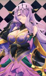 Rule 34 | 1girl, armor, breasts, camilla (alluring darkness) (fire emblem), camilla (fire emblem), cleavage, commentary request, crown, dlllll lllllb, dress, fake horns, fire emblem, fire emblem fates, fire emblem heroes, frills, gloves, hair over one eye, highres, horns, large breasts, long hair, looking at viewer, nintendo, official alternate costume, purple dress, purple eyes, purple gloves, purple hair, smile, solo, tiara, very long hair, wavy hair