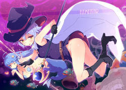 Rule 34 | 2girls, ahoge, armpits, ass, bare shoulders, belt, belt skirt, black gloves, blowing kiss, blue hair, blush, boots, breasts, brown eyes, cape, collared shirt, copyright name, covered erect nipples, crab, elementar, fish, from side, gloves, glowing, hair ornament, hat, head tilt, heart, heart-shaped eyes, high heel boots, high heels, holding, holding weapon, knee boots, long hair, looking at viewer, mask, mermaid, monster girl, multiple girls, navel, no panties, one eye closed, orb, pasties, petenshi (dr. vermilion), purple hair, red eyes, shell, shell bikini, shirt, short hair, small breasts, staff, star (symbol), star hair ornament, tentacles, very long hair, wand, weapon, witch hat, yellow eyes