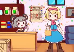 Rule 34 | 2girls, absurdres, alice margatroid, animal ears, bag, basket, blonde hair, blue dress, blush, boots, brown footwear, calendar (object), capelet, closed mouth, commentary request, cookie (touhou), counter, cross-laced footwear, dress, flour, frilled dress, frilled hairband, frilled necktie, frills, full body, grey hair, grey vest, hairband, highres, holding, holding basket, ichigo (cookie), indoors, long sleeves, looking at another, manatsu no yo no inmu, medium bangs, meme, milk carton, mouse ears, mouse girl, multiple girls, nazrin, necktie, nyon (cookie), open mouth, pink hairband, pink necktie, pink sash, sash, shirt, short hair, smile, solid oval eyes, tatamaru5382, touhou, valentine, vest, wallpaper (object), white capelet, white shirt, window, wooden box, yjsnpi interview (meme)