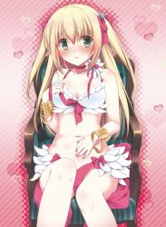 Rule 34 | 1girl, bikini, blonde hair, blush, bow, bracelet, bracer, breasts, chair, closed mouth, commentary request, feathers, feet out of frame, green eyes, hair between eyes, hair bow, heart, jewelry, long hair, looking at viewer, maru (sasayama chikage), medium breasts, navel, ragnarok online, red bikini, red bow, solo, swimsuit, wanderer (ragnarok online), white bikini