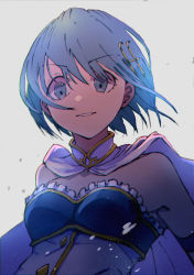 Rule 34 | 1girl, absurdres, arm strap, blue eyes, blue hair, breasts, cloak, floating hair, fortissimo, frills, grey background, hair between eyes, hair ornament, highres, looking at viewer, mahou shoujo madoka magica, mahou shoujo madoka magica (anime), miki sayaka, morumoru x, musical note, musical note hair ornament, parted lips, short hair, sketch, small breasts, solo, strapless, upper body, white cloak