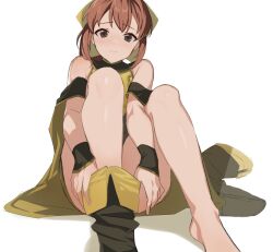 Rule 34 | 1girl, adjusting footwear, ahonoko, arm between legs, barefoot, boots, breasts, brown eyes, brown footwear, brown hair, brown ribbon, cleavage, closed mouth, convenient leg, delthea (fire emblem), eyelashes, feet, fire emblem, foreshortening, hair ribbon, knees up, legs, looking at viewer, medium hair, nintendo, off shoulder, on ground, parted bangs, ribbon, shoes, sidelocks, simple background, single shoe, sitting, sleeveless, small breasts, solo, undressing, white background