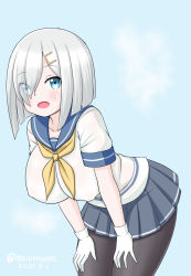 Rule 34 | 1girl, black pantyhose, blue eyes, blue sailor collar, blue sky, breasts, cloud, dated, eyes visible through hair, gloves, grey skirt, hair ornament, hair over one eye, hairclip, hamakaze (kancolle), kantai collection, large breasts, leaning forward, looking at viewer, masara (chuujou), neckerchief, no bra, one-hour drawing challenge, open mouth, pantyhose, pleated skirt, sailor collar, school uniform, serafuku, short hair, short sleeves, silver hair, skirt, sky, solo, twitter username, white gloves, yellow neckerchief