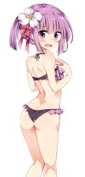 Rule 34 | 1girl, ass, back, bare shoulders, bikini, blunt bangs, blush, breasts, butt crack, flower, frilled bikini, frills, from behind, hair flower, hair ornament, hair ribbon, halterneck, hieda no akyuu, highres, legs together, looking at viewer, looking back, maturiuta sorato, open mouth, pink eyes, purple bikini, purple eyes, purple hair, ribbon, short twintails, simple background, small breasts, solo, standing, swimsuit, touhou, twintails, white background