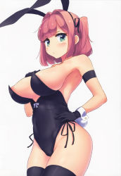 Rule 34 | 1girl, absurdres, animal ears, black gloves, black leotard, black thighhighs, blush, breasts, cleavage, closed mouth, covered navel, fake animal ears, gloves, green eyes, highres, large breasts, leotard, looking at viewer, looking to the side, mochizuki momiji, new game!, nitro (mugityaoisii), no bra, playboy bunny, rabbit ears, rabbit tail, red hair, shiny clothes, shiny skin, short hair, simple background, solo, standing, tail, thighhighs, white background