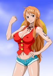 Rule 34 | 1girl, armpits, bare shoulders, breasts, brown eyes, cleavage, cosplay, covered erect nipples, hand on own hip, hat, highres, hip focus, large breasts, legs, long hair, looking at viewer, midriff, nami (one piece), navel, nel-zel formula, one piece, orange hair, shiny skin, short shorts, shorts, simple background, smile, solo, standing, straw hat, tattoo, thighs