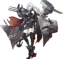 Rule 34 | 1girl, abyssal ship, anchor, cape, character request, claws, fangs, full body, gauntlets, green eyes, kantai collection, konishi (koconatu), machinery, mechanical arms, official art, single mechanical arm, solo, thighhighs, transparent background, turret, white hair