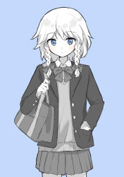 Rule 34 | 144udy, 1girl, absurdres, alternate costume, bag, black jacket, blazer, blue eyes, bow, bowtie, braid, buttons, closed mouth, collared shirt, cowboy shot, expressionless, greyscale with colored background, hair bow, hand in pocket, highres, holding strap, izayoi sakuya, jacket, light blush, looking at viewer, medium hair, pleated skirt, purple background, school bag, school uniform, shirt, simple background, skirt, solo, spot color, standing, straight-on, sweater vest, touhou, twin braids, undershirt