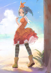 Rule 34 | 1girl, aqua hair, beach, boots, cloud, day, dress, eyebrows, food, green eyes, hat, looking at viewer, looking back, monogatari (series), ononoki yotsugi, open mouth, outdoors, popsicle, rubber boots, short hair, short sleeves, simple bird, sky, solo, striped clothes, striped thighhighs, tanaka (colorcorn), thighhighs, twintails