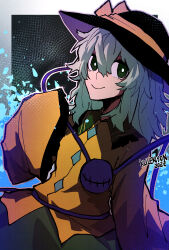 1girl absurdres black_hat breasts bright_pupils buttons closed_mouth collared_shirt diamond_button frilled_shirt_collar frilled_sleeves frills green_eyes green_hair green_skirt hair_between_eyes hat hat_ribbon highres komeiji_koishi kulenson long_sleeves ribbon shirt skirt sleeves_past_fingers sleeves_past_wrists small_breasts smile solo touhou white_pupils yellow_ribbon yellow_shirt