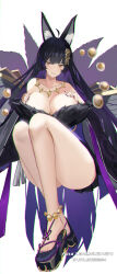 Rule 34 | 1girl, absurdres, animal ear fluff, animal ears, azur lane, bare shoulders, beads, black hair, black kimono, breasts, character name, cleavage, collarbone, facial mark, fox ears, fox girl, fox tail, full body, fur-trimmed kimono, fur trim, highres, huge breasts, japanese clothes, jewelry, kimono, kitsune, kyuubi, long hair, looking at viewer, low neckline, magatama, magatama necklace, multiple tails, musashi (azur lane), nail polish, necklace, prayer beads, simple background, skirt under kimono, solo, tail, very long hair, whisker markings, white background, xuechu, yellow eyes