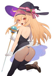 Rule 34 | 1girl, ass, beijuu, black dress, black thighhighs, blonde hair, boots, brown footwear, dress, gloves, hairband, hat, hat ribbon, highres, holding, holding staff, little witch nobeta, long hair, looking at viewer, nobeta, open mouth, panties, red eyes, ribbon, simple background, solo, staff, thighhighs, underwear, white background, white gloves, witch, witch hat