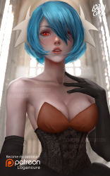 Rule 34 | 1girl, armpits, artist name, bare shoulders, blue hair, blush, breasts, cleavage, creatures (company), elbow gloves, eyelashes, fantasy, game freak, gardevoir, gen 3 pokemon, gloves, hair over one eye, hand on own chest, highres, logan cure, making-of available, mega pokemon, nintendo, patreon logo, personification, pokemon, red eyes, short hair, solo, twitter username, watermark