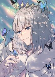 Rule 34 | 1boy, blue butterfly, blue eyes, bug, butterfly, cloak, closed mouth, diamond hairband, fate/grand order, fate (series), fur-trimmed cloak, fur trim, grey hair, hua (supa jopa), insect, male focus, oberon (fate), short hair, smile, solo, twitter username, upper body, white cloak