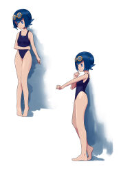 Rule 34 | 1girl, absurdres, barefoot, blue eyes, blue hair, breasts, bright pupils, closed mouth, commentary request, creatures (company), ddddvqs, full body, game freak, goggles, goggles on head, highres, lana (pokemon), looking at viewer, multiple views, nintendo, one-piece swimsuit, open mouth, pokemon, pokemon (anime), pokemon sm (anime), short hair, small breasts, solo, swimsuit, white background, white pupils
