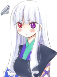 Rule 34 | 1girl, annoyed, blush, drill hair, frown, heterochromia, japanese clothes, katanagatari, long hair, pout, purple eyes, red eyes, simple background, solo, squiggle, togame, upper body, white hair, yukian