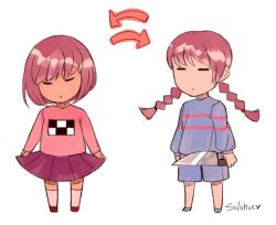 Rule 34 | 1girl, androgynous, bad id, bad pixiv id, braid, brown hair, closed eyes, cosplay, costume switch, frisk (undertale), frisk (undertale) (cosplay), knife, madotsuki, madotsuki (cosplay), pink shirt, shirt, striped clothes, striped shirt, trait connection, twin braids, undertale, venusianpeach, yume nikki