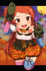 Rule 34 | 1girl, :d, blush, bow, bowtie, breasts, candy, corset, fingernails, food, gloves, green gloves, highres, holding, holding candy, holding food, idolmaster, idolmaster million live!, idolmaster million live! theater days, inuyama nanami, letterboxed, long hair, looking at viewer, ogami tamaki, open mouth, orange bow, orange bowtie, orange eyes, orange hair, orange shorts, outside border, puffy shorts, pumpkin, round teeth, sharp fingernails, shorts, small breasts, smile, solo, striped clothes, striped thighhighs, teeth, thighhighs, upper teeth only